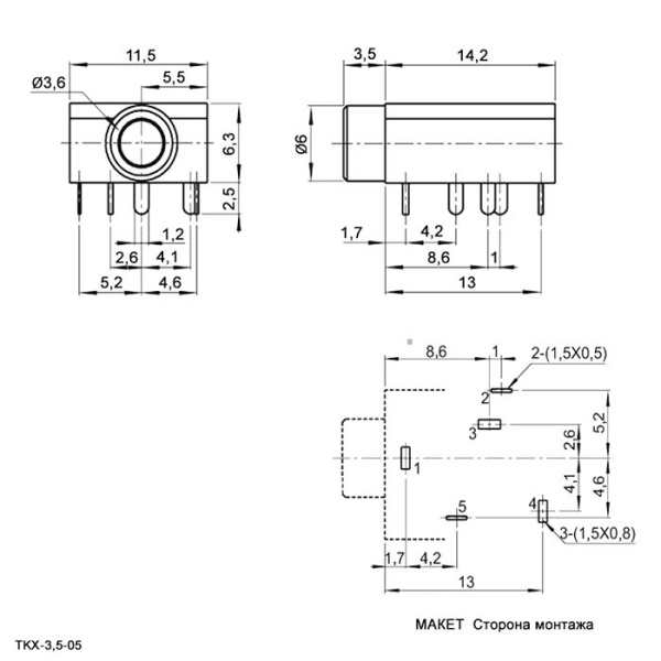Разъем Audio Jack 3.5 стерео, гнездо, на плату, TKX3-3.5-05