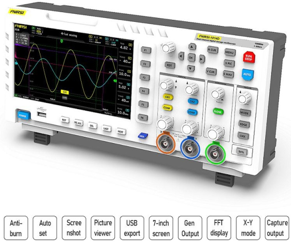 Осциллограф Fnirsi 1014D, 2-к, 100МГц, 1ГВ/с, 7" 800*480, USB