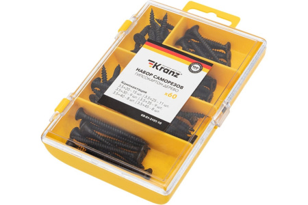 Набор саморезов по дереву Kranz KR-01-3101-10, 60 штук, 3.5*20/25/30/35/40/45, пластиковый кейс