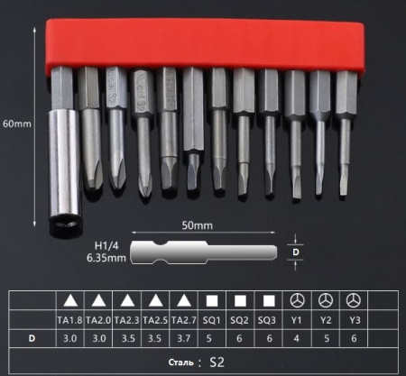 Биты набор Y+Triangle+Square, 12штук, l= 50мм, S2, HRC60, под 1/4HEX, TA1.8..TA2.7 SQ1..SQ3 Y1..Y3