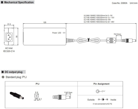 Блок питания сетевой, 12в, 5а, 60вт, 5.5*2.1мм (+), без сетевого кабеля, Mean Well GST60A12-P1J