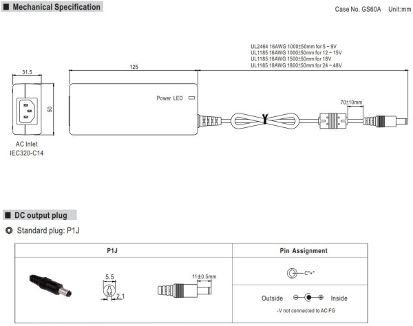 Блок питания сетевой, 12в, 5а, 60вт, 5.5*2.1мм (+), без сетевого кабеля, Mean Well GST60A12-P1J