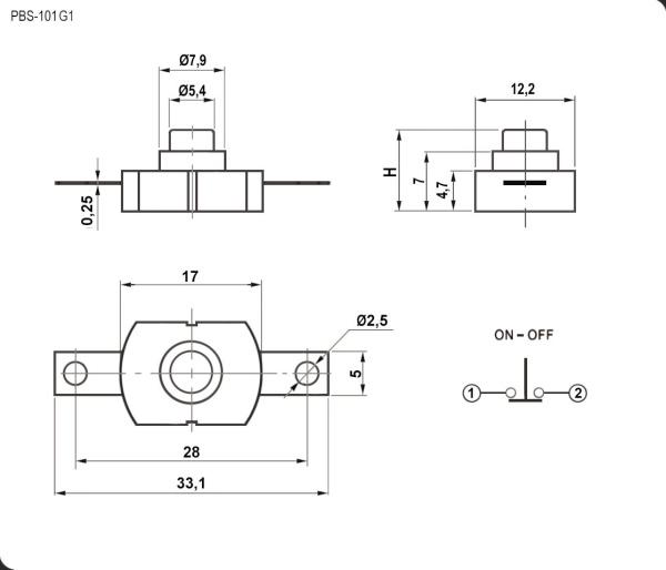 Кнопка OFF-ON, SPST, 12*17мм, 2 конт, 250в, 1.5а, чёрный, PBS-101G1