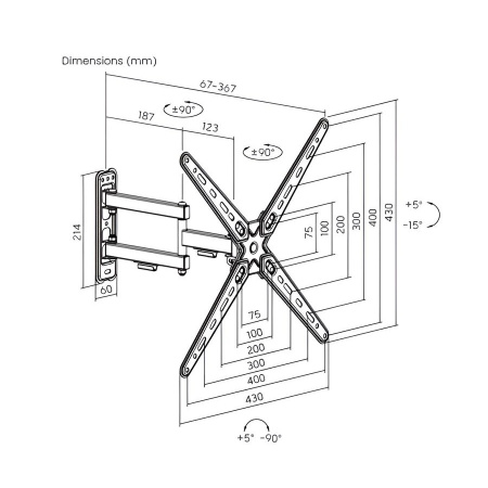 Кронштейн ITECHmount LCDN743 черный настенный,для тв,13-55",до 25кг,от стены 67-367мм,с функцией наклона ＋5°～-15°,поворота 90° вправо / 90° влево,вращ