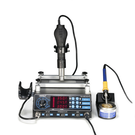 Паяльная станция Yihua 853AAA, паяльник 200..480°С, фен турбинный 100..480°С, преднагреватель плат