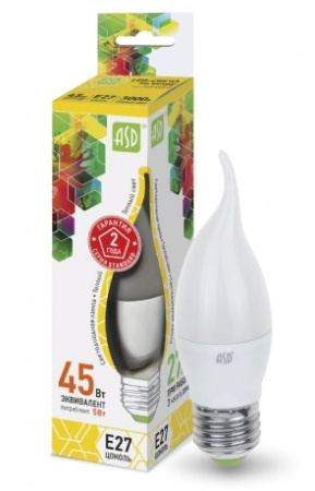 Лампа светодиодная E27 ASD LED-СВЕЧА НА ВЕТРУ 7.5Вт, 220В, 3000К, 450лм