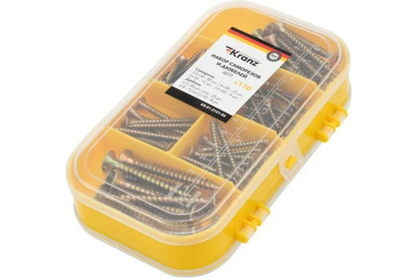 Набор саморезов и дюбелей для ДСП Kranz KR-01-3101-06, 170 штук, пластиковый кейс