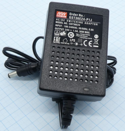 Блок питания сетевой, 24в, 1.5а, 36вт, 5.5*2.1мм (+), сетевая вилка, Mean Well GST36E24-P1J