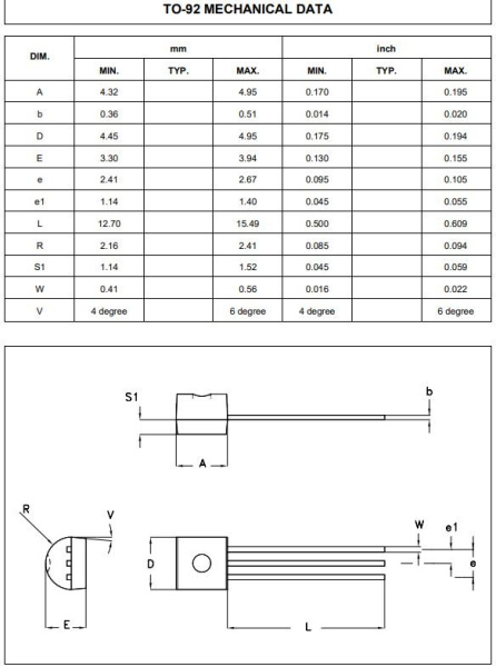 транзистор BJT BC547B 45V 0.1A NPN TO92 150Mhz