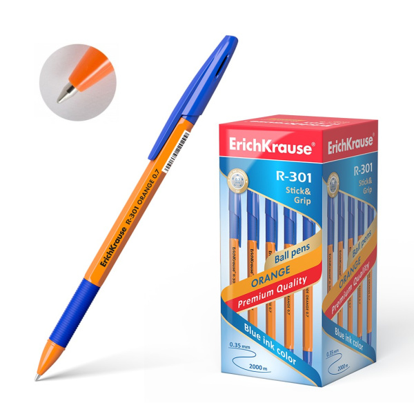 Ручка шариковая Erich Krause "R-301 Orange Stick & Grip" 0,7мм., синяя (39531)