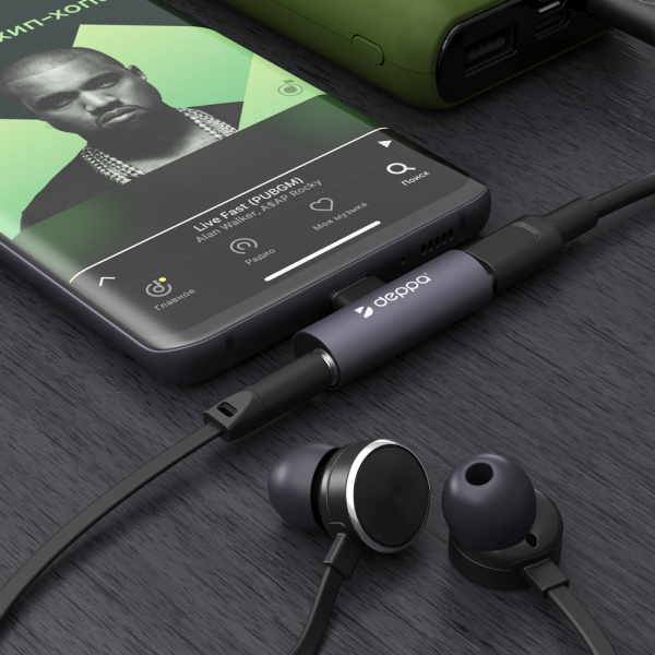 Адаптер USB-C - 3.5 мм + USB-C, графит, Deppa (73129)