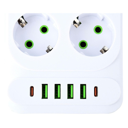 Сетевой удлинитель  2.0м, 6 розеток Amper, JH-1076U-2W, 10А, 2500Вт, 4usb, 2Type-C белый.