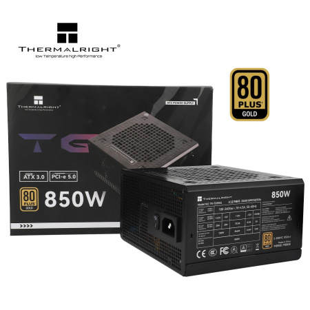 Блок питания ПК/ Power Supply Thermalright, 850W 80+ Gold (ATX, 3.0, PCIe 5.0, Non-modular, 1x24(20+4)pin, 1xCPU 8(4+4)pin, 2xPCIe*2 8(6+2)pin, 5xSATA3, 1x12+4pin (12VHPWR PCIe 5.0 12+4pin 600mm), 3xMOLEX4pin, Active, 120x120mm, 150x140x86mm, APFC, black)