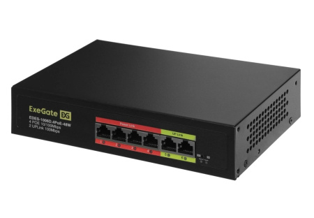Коммутатор ExeGate EDES-1006D.4PoE-48W 6-port 10\100_Mbps 4 порта 802.3af (PoE) мощность PoE: 25W, суммарно 48W