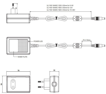 Блок питания сетевой, 12в, 2.08а, 25вт, 5.5*2.1мм (+), сетевая вилка, Mean Well GSM25E12-P1J