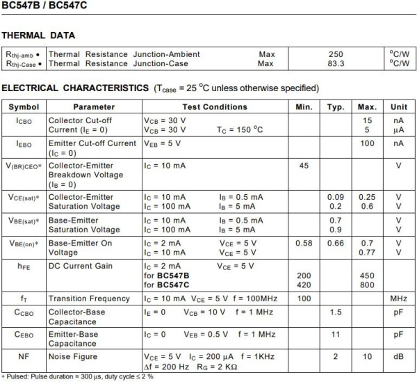 транзистор BJT BC547B 45V 0.1A NPN TO92 150Mhz