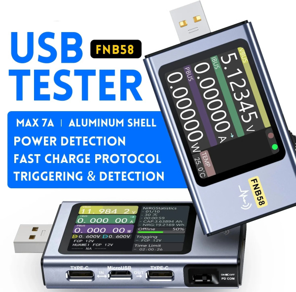 USB тестер Fnirsi FNB58, 4-28В, 0-7А, QC4, PD3.0, FCP, SCP, AFC, VOOC/WARP, SVOOC 2.0, Bluetooth