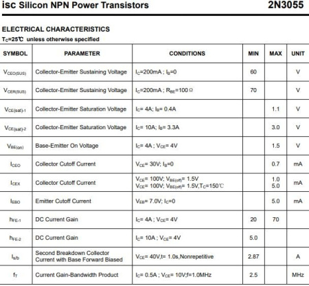 транзистор BJT 2N3055 100V 15A NPN TO3 0.8W 115W