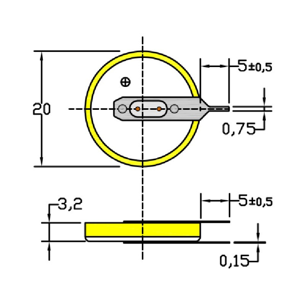 Батарейка CR2032/1VC4, 2 вывода, вертик. расстояние между контактами 3мм 1шт. /3В литиевая