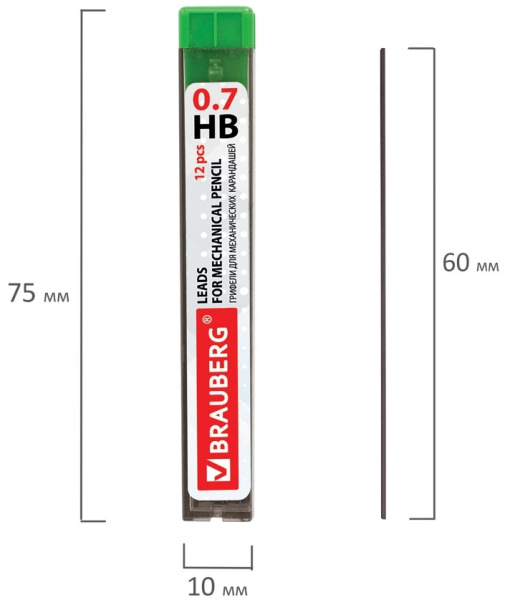 Грифель 0,7мм. BRAUBERG "HI-Polymer" HВ (180446)