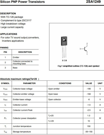 транзистор BJT 2SA1249 (mark A1249) 160V 1.5A PNP ТО126 120Mhz 10W