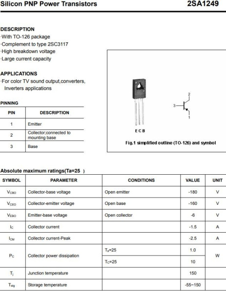 транзистор BJT 2SA1249 (mark A1249) 160V 1.5A PNP ТО126 120Mhz 10W