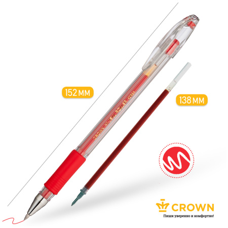 Ручка гелевая CROWN "Hi-Jell Grip" 0,5мм., красная (HJR-500RB)