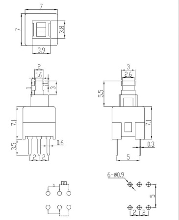Кнопка OFF-ON, DPDT, 7*7*12мм, 6 конт, на плату, PB22E07