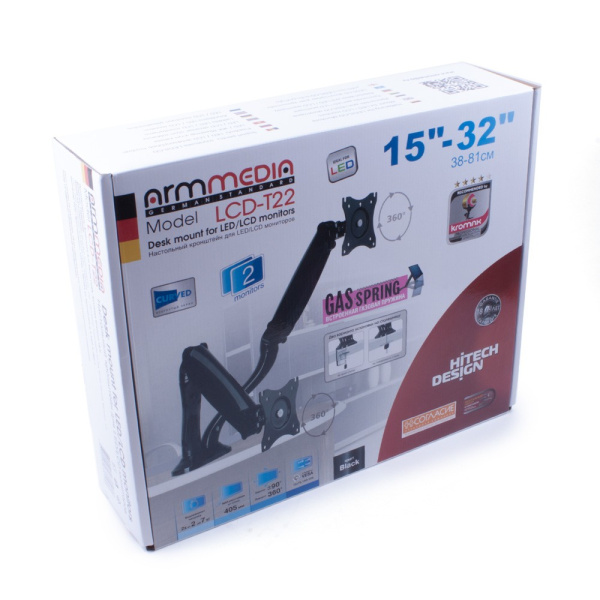 Кронштейн для монитора Arm Media LCD-T22 black на 2 монитора 15" 32", до 2х6,5кг, наклон ±90°, повор