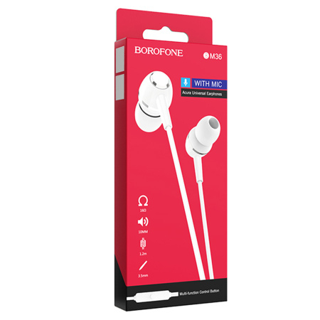 Гарнитура проводная BOROFONE BM36 вставные, кабель 1.2м, белый