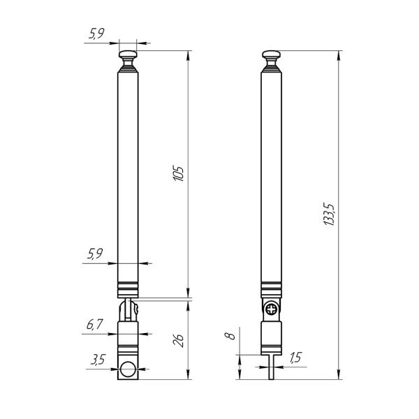Антенна телескопическая   d6мм, 130..500мм, поворотный фланец с отверстием d3.5мм, AST-5/S6