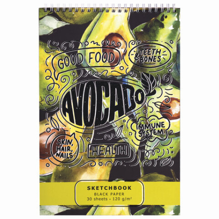 Скетчбук 30л., А4, ПЗБФ Премиум "Спелый авокадо", чёрн. бум., 120г/м2. (097644)