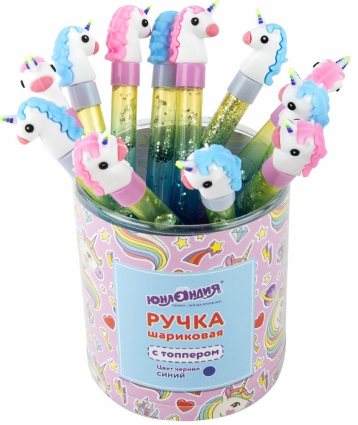 Ручка шариковая ЮНЛАНДИЯ "Единорог", детали ассорти, СИНЯЯ, узел 0,7мм,143791