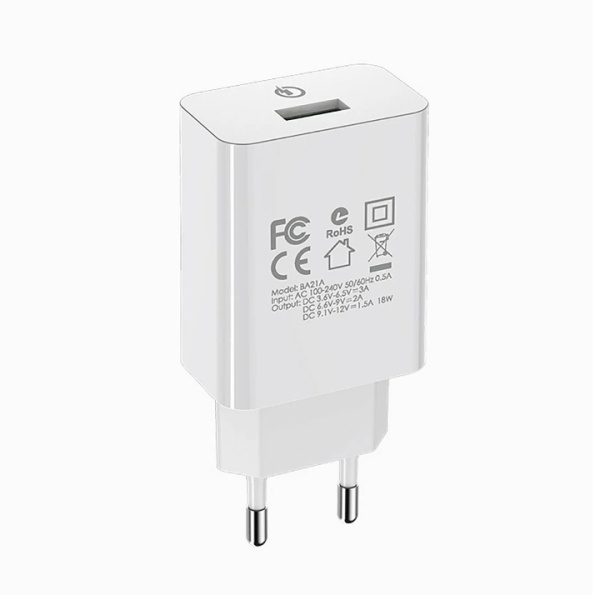 Зарядное_устройство - USB 18W + кабель Type-C BOROFONE BA21A белый Quick Charge 3.0 (6V-3.0A/9V-2.0A/12V-1.5A)
