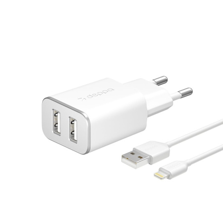 Зарядное_устройство - USB_2x2.4A Deppa Ultra белое + кабель 8-pin для Apple (MFI) (11383)