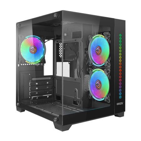 Корпус mATX Б_БП Ginzzu V390 RGB (USB3.0, Audio, черный,3х120мм RGB, пульт ДУ, "стеклянный куб")