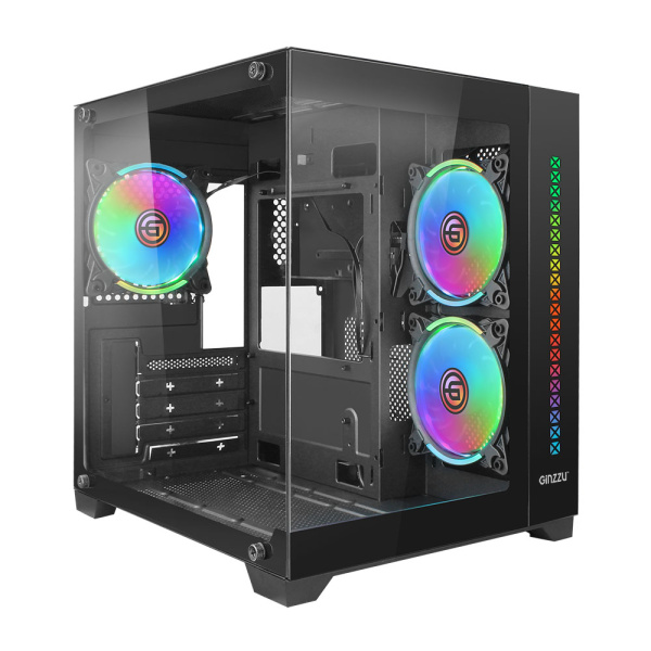 Корпус mATX Б_БП Ginzzu V390 RGB (USB3.0, Audio, черный,3х120мм RGB, пульт ДУ, "стеклянный куб")