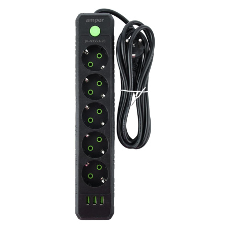 Сетевой удлинитель  2.0м, 5 розеток Amper, JH-1033U-2B, 10А, 2500Вт, 3usb, черный
