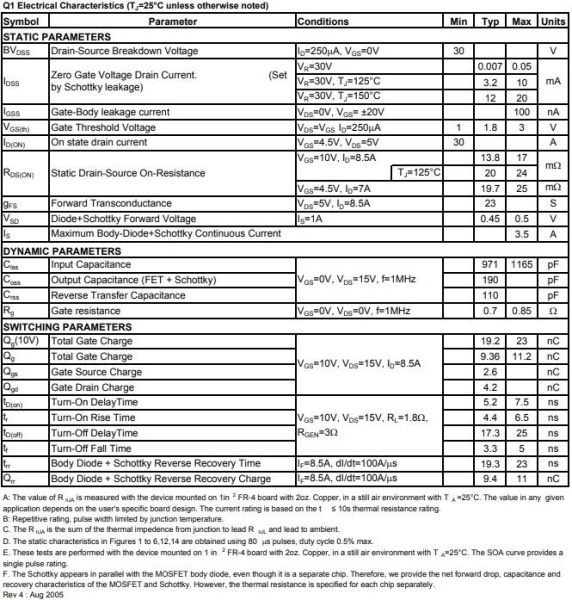 транзистор FET AO4912, 30V, 8.5A+7A, Asymmetric Dual N-ch, 2W+2W, 17mOhom+26mOhm, SO8