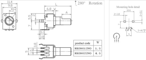 Потенциометр RS09-N-30,   5кОм, 0.05вт, B (линейный), 20%, 280°, вал с лыской (F) 22мм