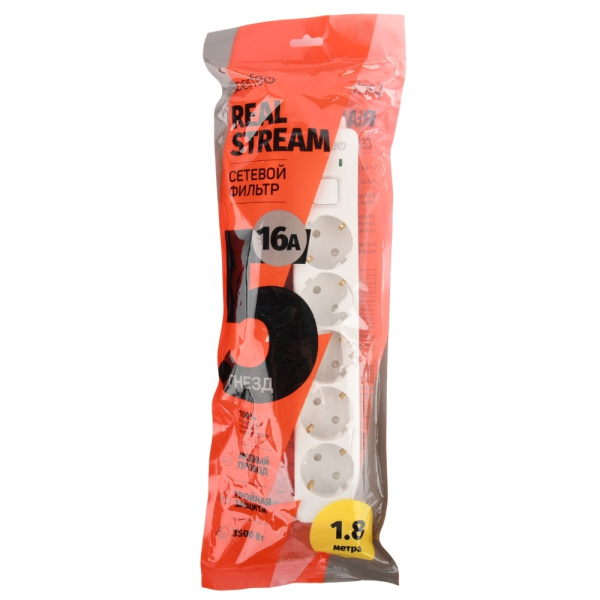 Сетевой фильтр  1.8м, 5 розеток Perfeo, REAL STREAM, 16А, 3500Вт, с выключателем, тройная защита, белый