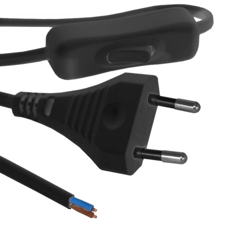 Кабель(шнур) питания, 2*0.5мм, 1.8м, сетевая вилка, 250в, 2а, под пайку, с выключателем, черный