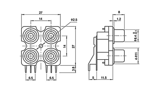 Разъем RCA (2*2RCA в одном корпусе), гнездо, на плату, RCA-407