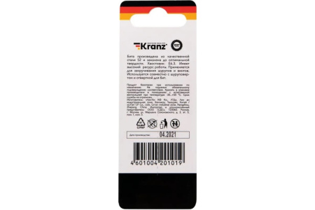 Бита Pozidrive PZ1 l=50мм S2 (под патрон 1/4" Hex) Kranz