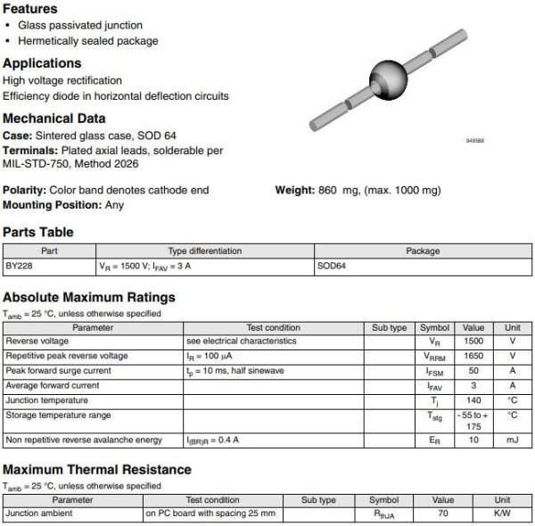 диод BY228 3A 1300V SOD64 20us