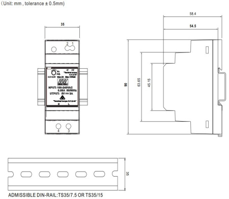 Блок питания на DIN рейку 12в,  2а, 35*90*54.5мм, Mean Well HDR-30-12