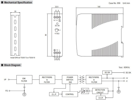 Блок питания на DIN рейку 12в,  1.67а, 22.5*90*100мм , Mean Well MDR-20-12