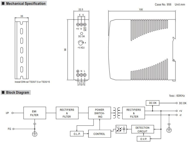 Блок питания на DIN рейку 12в,  1.67а, 22.5*90*100мм , Mean Well MDR-20-12