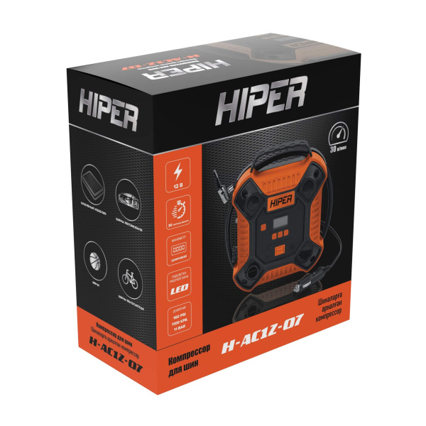 Компрессор автомобильный HIPER H-AC12-07 12в 11АТМ/мин шланг 0.72м