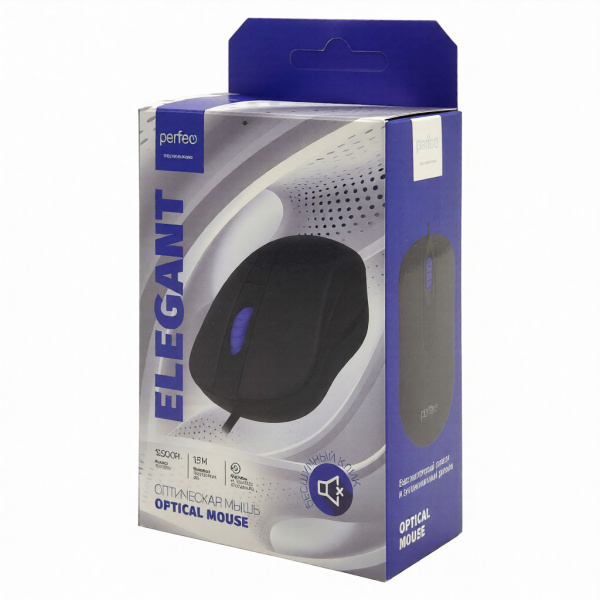 Мышь USB Perfeo ELEGANT (C3597) оптическая, бесшумная, 3кн., 1000dpi, кабель 1,8м, черная
